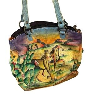 Anushka Hand Painted Pebbled Genuine Leather Shoulder Bag Ponies Desert Theme